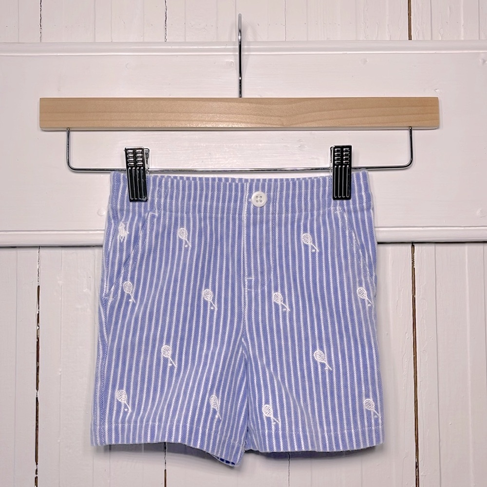 RALPH LAUREN EUC Blue Stripped Embroidered Tennis Rackets Elastic Pull On Shorts